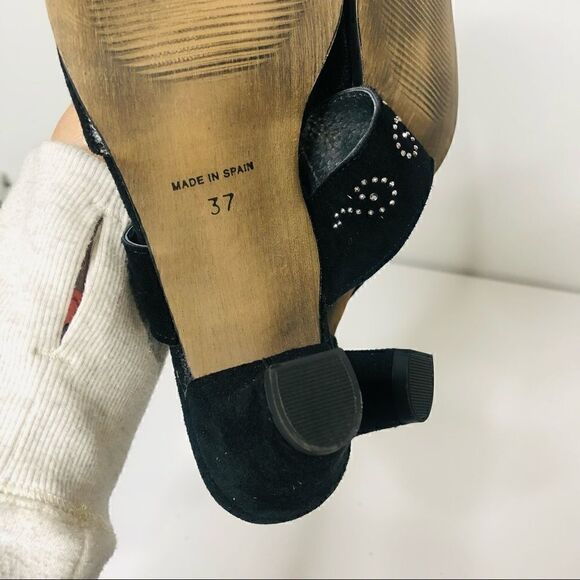 Helle Comfort Black Leather Rhinestone Strap Mule Heels - Picture 8 of 8